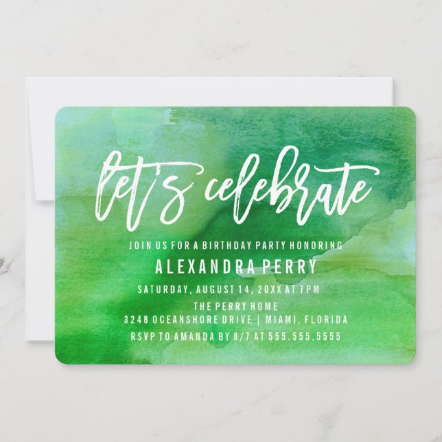 Let's Celebrate Birthday Party | Green Watercolor Invitation (Front)