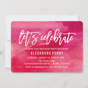Let's Celebrate Birthday Party Pink Watercolor Invitation