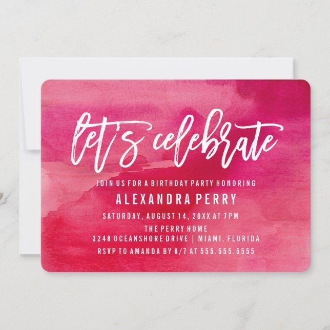 Let's Celebrate Birthday Party | Pink Watercolor Invitation (Front)