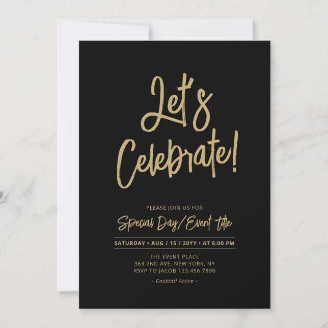 Let's Celebrate | Black Chic Script Cacktail Party Invitation (Front)