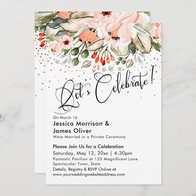Let's Celebrate! Blush Floral Faux Gold Confetti Invitation (Front/Back)