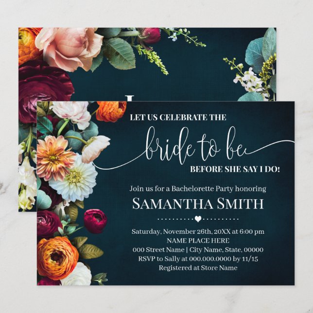 Lets Celebrate Bride tobe Shower Wine Navy Wedding Invitation (Front/Back)