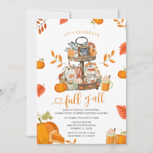 Let's Celebrate Fall Y'all Orange Pumpkin Party Invitation (Front)