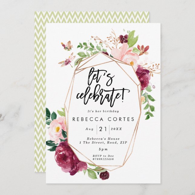 let's celebrate geometric floral birthday invitation (Front/Back)