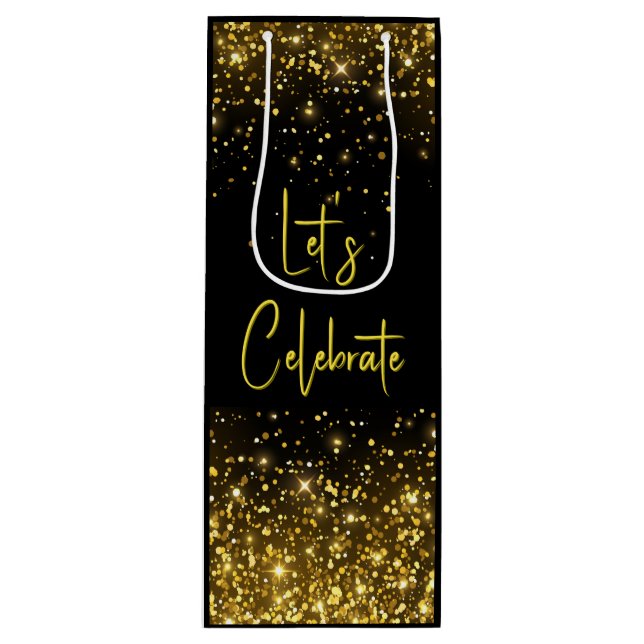 Let's Celebrate Glam Gold Glitter Wine Tote Gift Bag (Front)