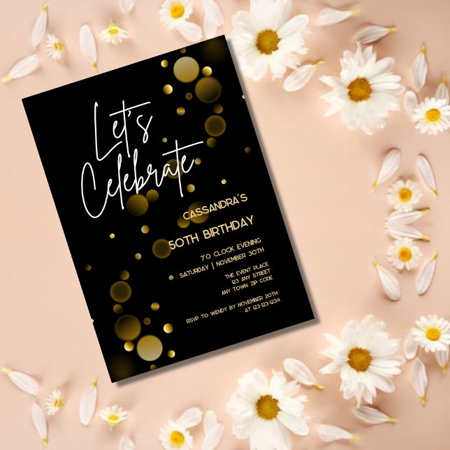 Let's Celebrate Gold Bokeh Gradient Black Birthday Invitation (Creator Uploaded)