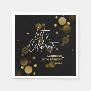 Let's Celebrate Gold Bokeh Gradient Black Birthday Napkin