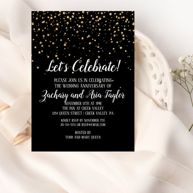 Let's Celebrate Gold Confetti on Black Anniversary Invitation (Creator Uploaded)