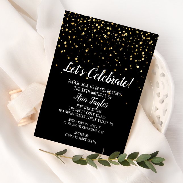 Let's Celebrate Gold Confetti on Black Birthday Invitation (Creator Uploaded)