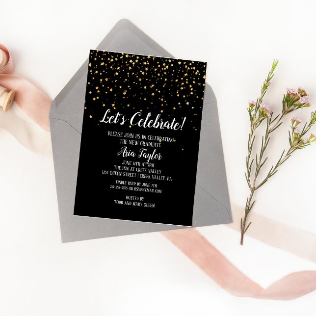 Let's Celebrate Gold Confetti on Black Graduation Invitation (Creator Uploaded)