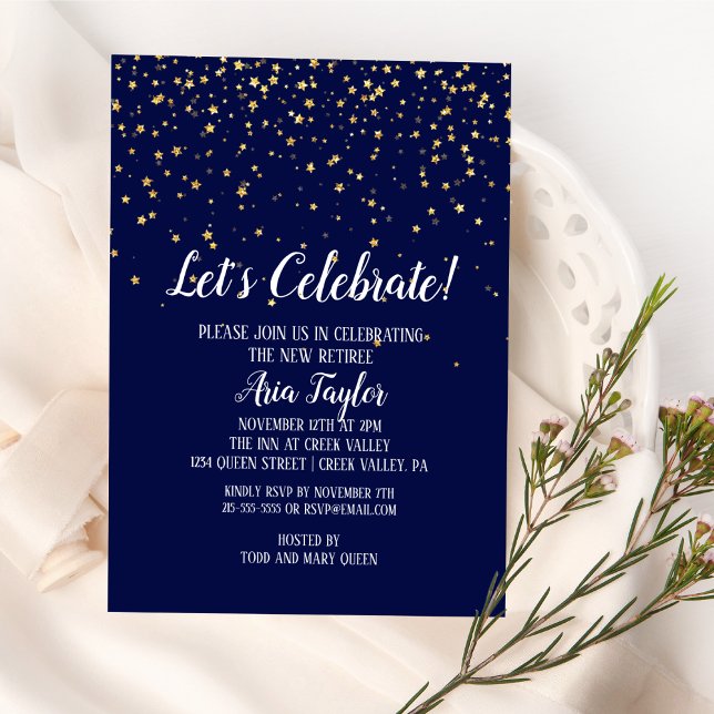 Let's Celebrate Gold Confetti on Navy Blue Party Invitation (Creator Uploaded)