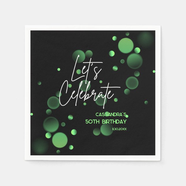 Let's Celebrate Green Bokeh Gradient Birthday Napkin (Front)