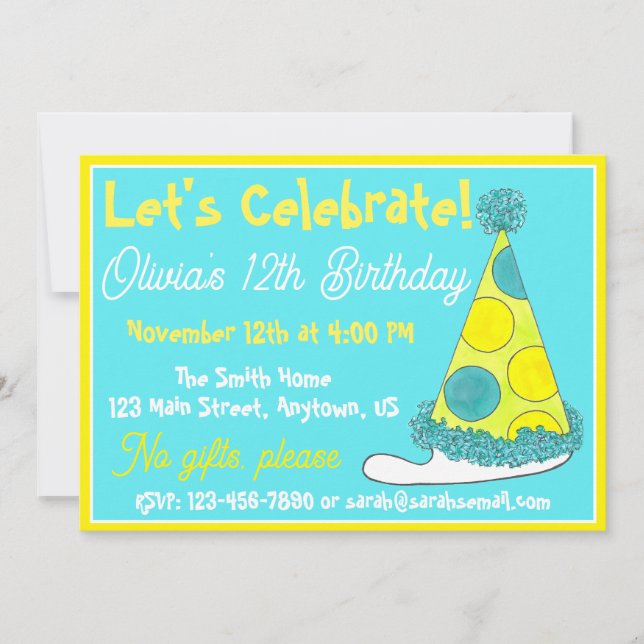 Let's Celebrate Green Polka Dot Party Hat Birthday Invitation (Front)