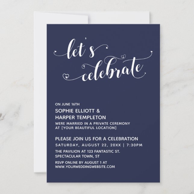 Let's Celebrate Hearts Script Navy Blue Reception Invitation (Front)