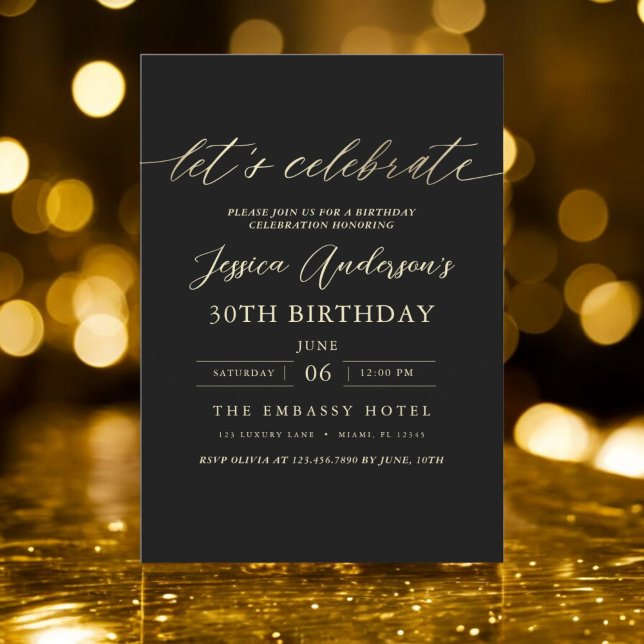 Let's Celebrate Minimalist Black Gold Birthday Invitation (Creator Uploaded)