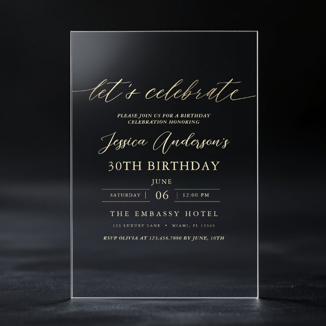 Let's Celebrate Minimalist Gold 30th Birthday Acrylic Invitations (Creator Uploaded)