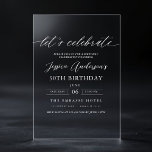 Let's Celebrate Minimalist Script 30th Birthday Acrylic Invitations<br><div class="desc">Celebrate in style with the Let's Celebrate Minimalist Script 30th Birthday Acrylic Invitations. Featuring a sleek, modern design with elegant script typography, this transparent acrylic invitation exudes sophistication. The minimalist aesthetic makes it perfect for upscale birthday celebrations, blending effortlessly with any party theme. Fully customisable, this invitation is a timeless...</div>