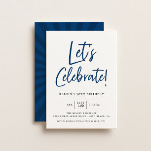 Let's Celebrate Modern Blue Script Birthday Invitation