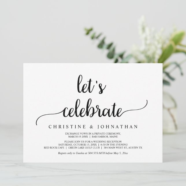 Let's Celebrate, Modern Rustic Wedding Elopement Invitation (Standing Front)