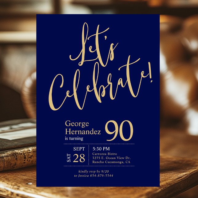 Let's Celebrate Navy Blue Gold 90th Birthday Party Invitation (Creator Uploaded)