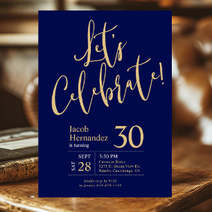 Let's Celebrate Navy Blue Gold Photo 30th Birthday Invitation