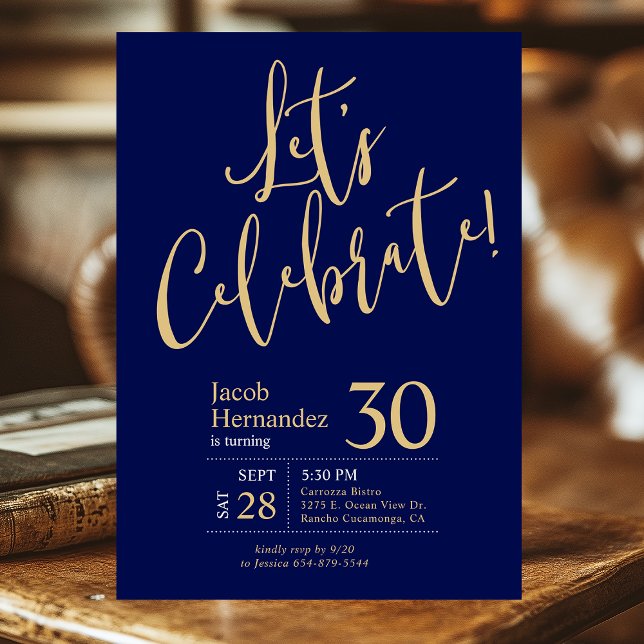 Let's Celebrate Navy Blue Gold Photo 30th Birthday Invitation (Creator Uploaded)