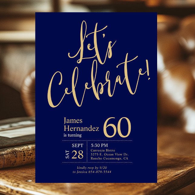 Let's Celebrate Navy Blue Gold Photo 60th Birthday Invitation (Creator Uploaded)