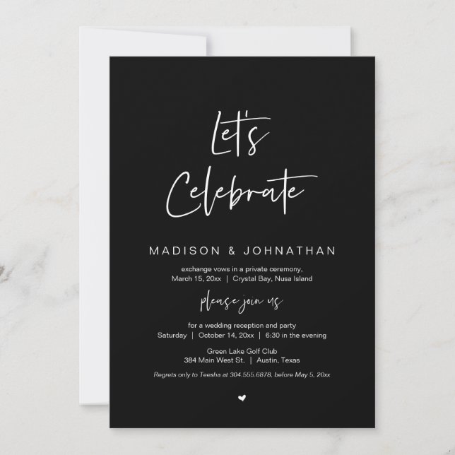 Lets celebrate, Navy Blue, Wedding Elopement Party Invitation (Front)