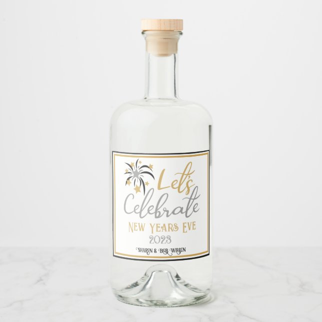 Let's Celebrate New Years Eve Black Gold Silver   Liquor Bottle Label (Front)