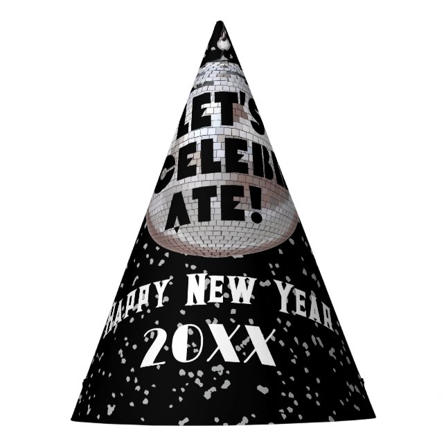 Let's Celebrate NYE Black and Silver Glitter Disco Party Hat (Front)