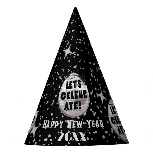 Let's Celebrate NYE Disco Ball Black Party Hat (Front)