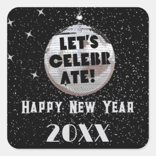 Let's Celebrate NYE Disco Ball Black Square Sticker