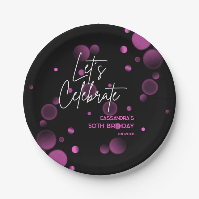 Let's Celebrate Pink Bokeh Gradient Black Birthday Paper Plate (Front)