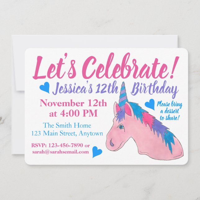 Let's Celebrate Pink Purple Unicorn Birthday Party Invitation (Front)