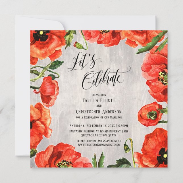 Let's Celebrate Red Poppies on Pale Wood Reception Invitation (Front)