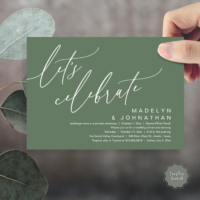 Let's Celebrate, Romantic Wedding Elopement Party Invitation (Let's Celebrate, Romantic Charm Wedding Elopement Dinner Party Brunch Invites Card PDF Sage Green)