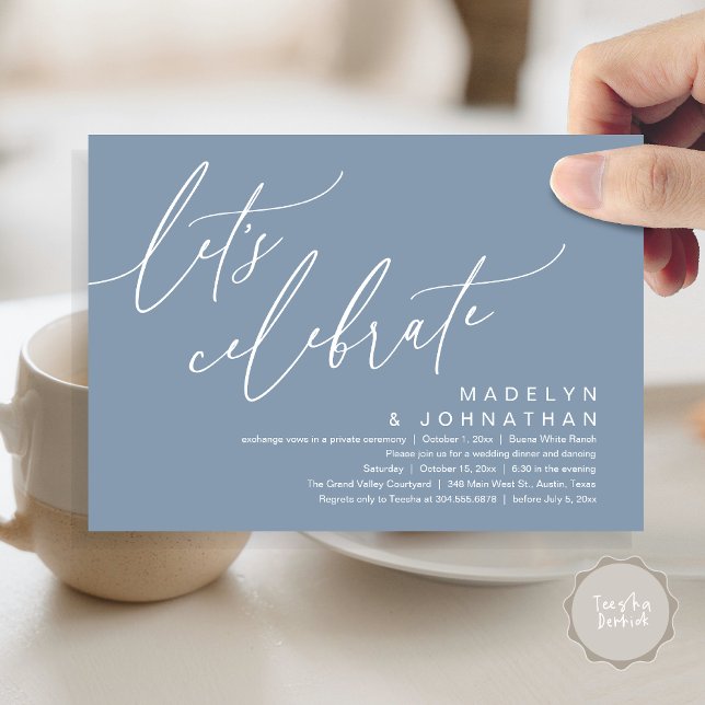 Let's Celebrate, Romantic Wedding Elopement Party Invitation (Let's Celebrate, Romantic Charm Wedding Elopement Dinner Party Brunch Invites Card PDF Dusty Blue)