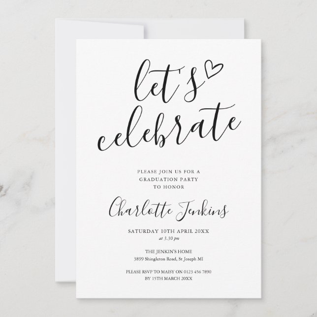 Let's Celebrate Script Heart Graduation Party Invitation (Front)