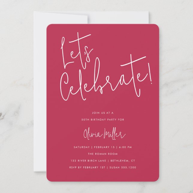Let's Celebrate Script Magenta Birthday Invitation (Front)