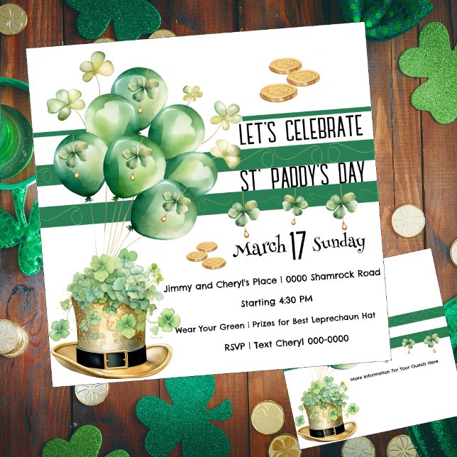 Let's Celebrate St Paddy's Day  Invitation (Cute leprechaun Irish top hat in gold with party balloons covered in shamrocks customizable invites)