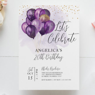 Let's Celebrate Violet Gold Balloons Birthday Invitation