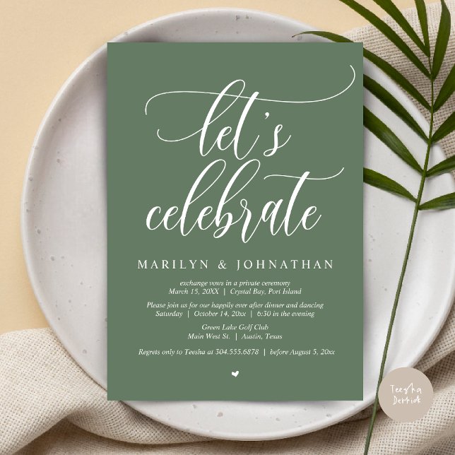 Let's Celebrate Wedding Elopement Dinner Dancing Invitation (Let's Celebrate Wedding Elopement Dinner Party Lunch BrunchDancing Invitation Card PDF, Sage Green)