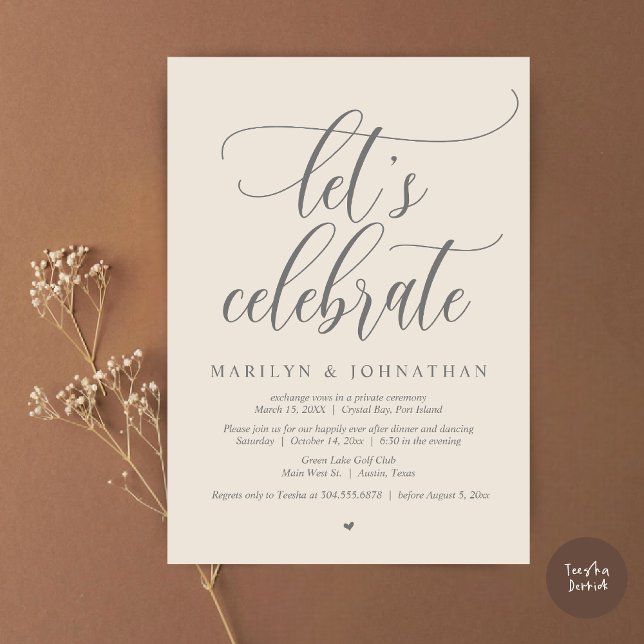 Let's Celebrate Wedding Elopement Dinner Dancing Invitation (Let's Celebrate Wedding Elopement Dinner Party Lunch BrunchDancing Invitation Card PDF, Cream Grey)