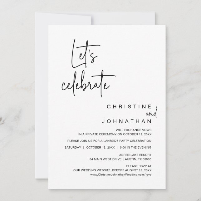 Let's Celebrate, Wedding Elopement Dinner Party Invitation (Front)