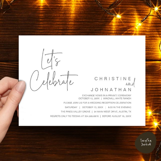 Let's Celebrate, Wedding Elopement Dinner Party Invitation (Let's Celebrate, modern minimal Wedding Elopement Dinner Party Invitation card in dark grey)