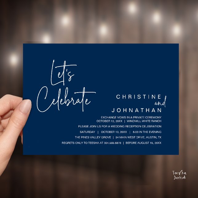 Let's Celebrate, Wedding Elopement Dinner Party Invitation (Let's Celebrate, modern minimal Wedding Elopement Dinner Party Invitation card in navy blue)