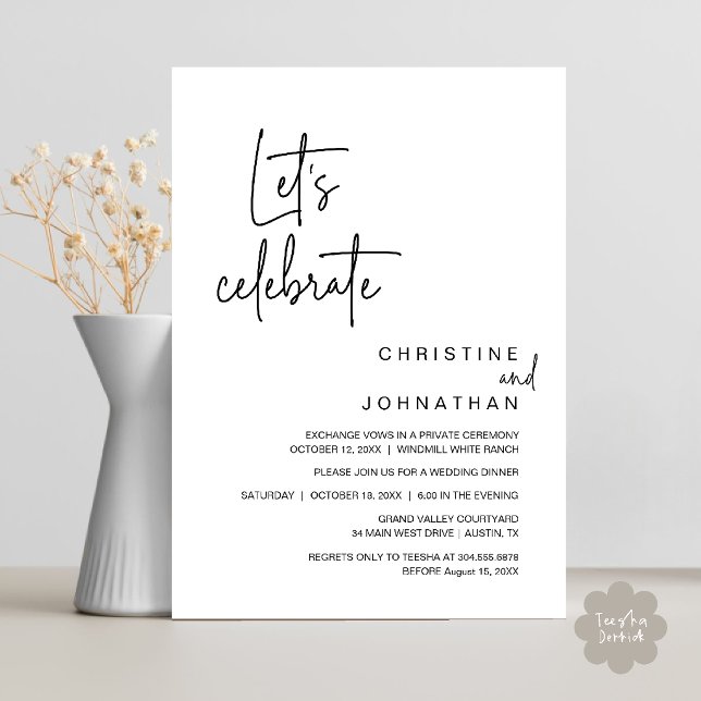 Let's Celebrate, Wedding Elopement Party Dinner Invitation (Let's Celebrate, Classy Minimal Wedding Elopement Party Dinner Invitation Card in Black and White)