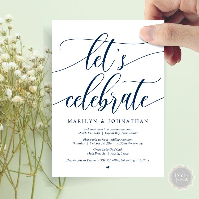 Let's Celebrate Wedding Elopement Party Invitation (Let's Celebrate Wedding Elopement Dinner Lunch Brunch Party Invitation Card, PDF, in Navy Blue)