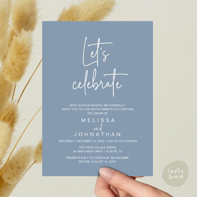 Let's Celebrate, Wedding Elopement Reception Invitation (Let's Celebrate, Modern Minimal Wedding Elopement Reception Dinner Invites Card in Dusty Blue)