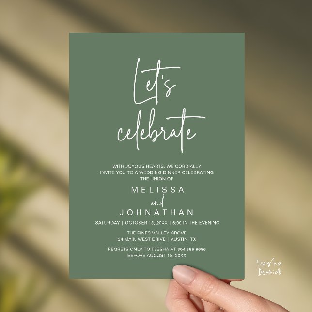 Let's Celebrate, Wedding Elopement Reception Invitation (Let's Celebrate, Modern Minimal Wedding Elopement Reception Dinner Invites Card in Sage Green)